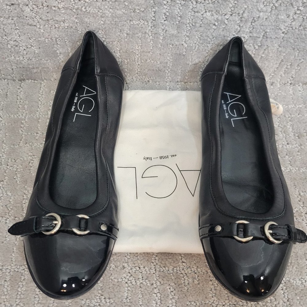 AGL Monika Womens Size 38.5 Black Cap Toe Leather Comfort Slip On Ballet Flat